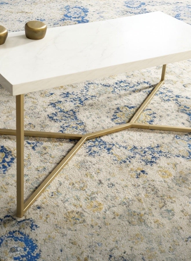 Mobellya Modern Coffee Table with white Wooden Surface  Top and Gold Metal Frame Table  - Minimalist Design - Image 3
